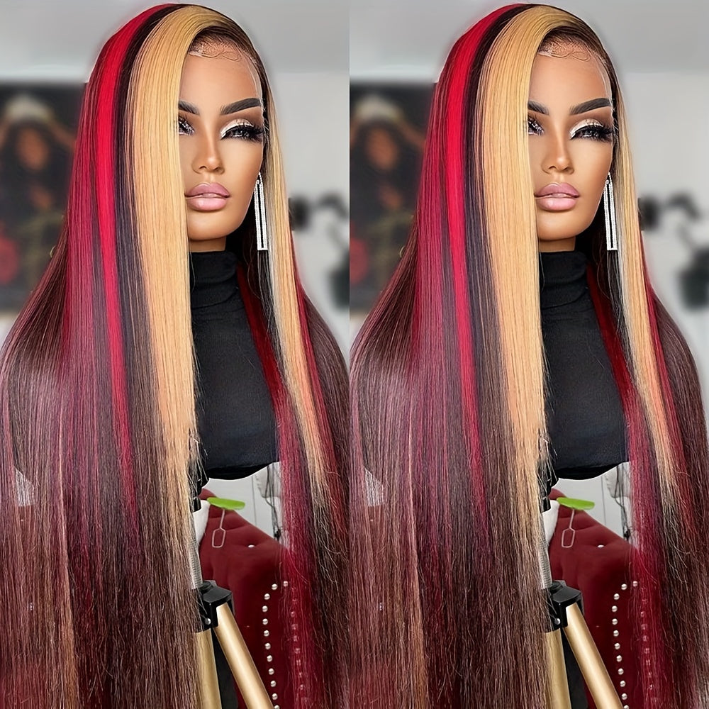 Red & Blonde Highlight Lace Front Wig for Women - Heat Resistant Synthetic Hair, 13x4 Preplucked Deep Part, 180% Density Glueless Wig for Daily & Party Use (All Ethnicities), Versatile Hairpiece | Sleek Straight Hairpiece | S